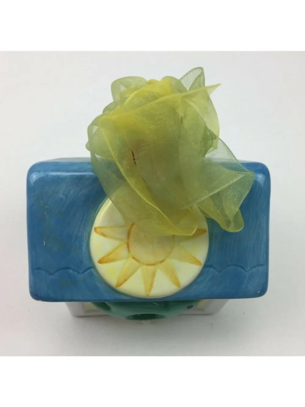White Ceramic Birdhouse Blue Birds Sun Flowers Purple Yellow Green Ribbon